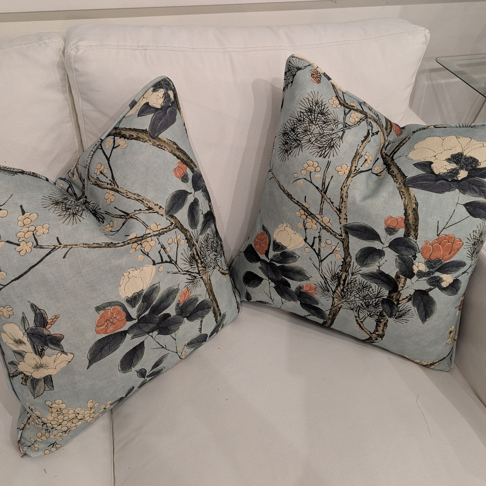 Floral Accent Pillows in Blue and Cream